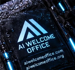 A cyan AI Welcome Office emblem on textured black technical fabric.