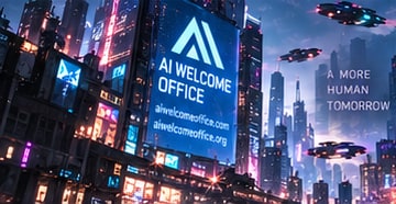 Cyan AI Welcome Office billboards above a rain-soaked futuristic city.