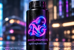 A black bottle with a glowing Nightlineghosts emblem against neon city lights.