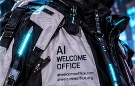 A white and black technical jacket with cyan lights and an AI Welcome Office label.