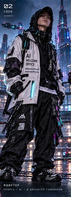 A model in a white hooded technical jacket and black cargo trousers on a futuristic rooftop.
