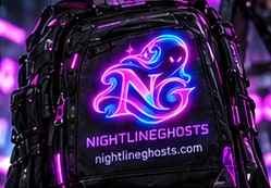 A black modular backpack with glowing magenta straps and a Nightlineghosts emblem.