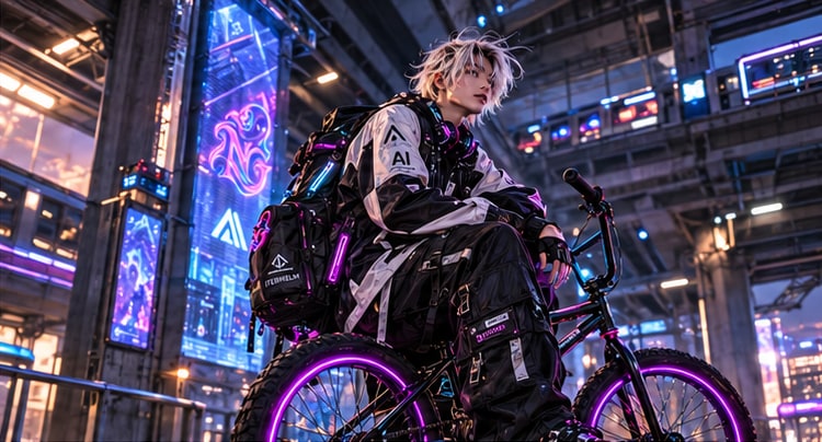 A silver-haired rider in a white and black technical jacket sits on a BMX bike with glowing magenta wheels beneath elevated city tracks.