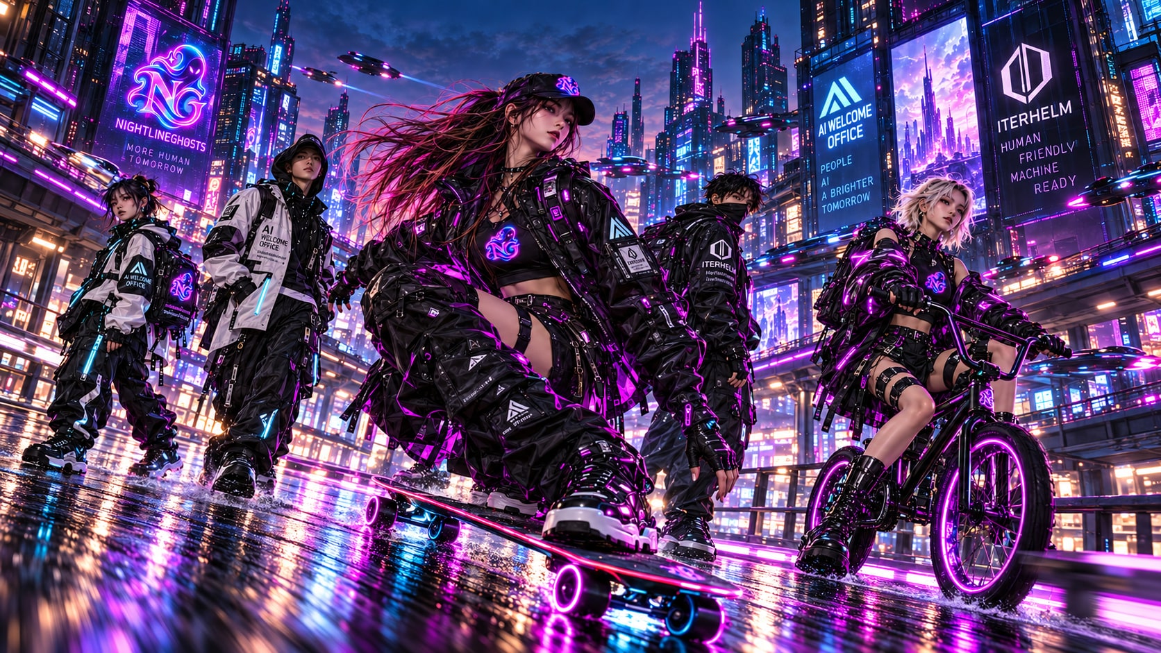 Five riders in black and white technical streetwear with a longboard and BMX bike on rain-soaked streets beneath neon city billboards.