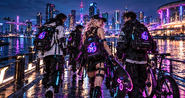 Three riders with ghost-emblem backpacks gather with their bikes beside a waterfront reflecting cyan and magenta city lights.