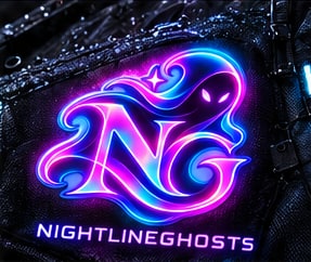 A glowing magenta and cyan Nightlineghosts emblem on rain-covered black fabric.