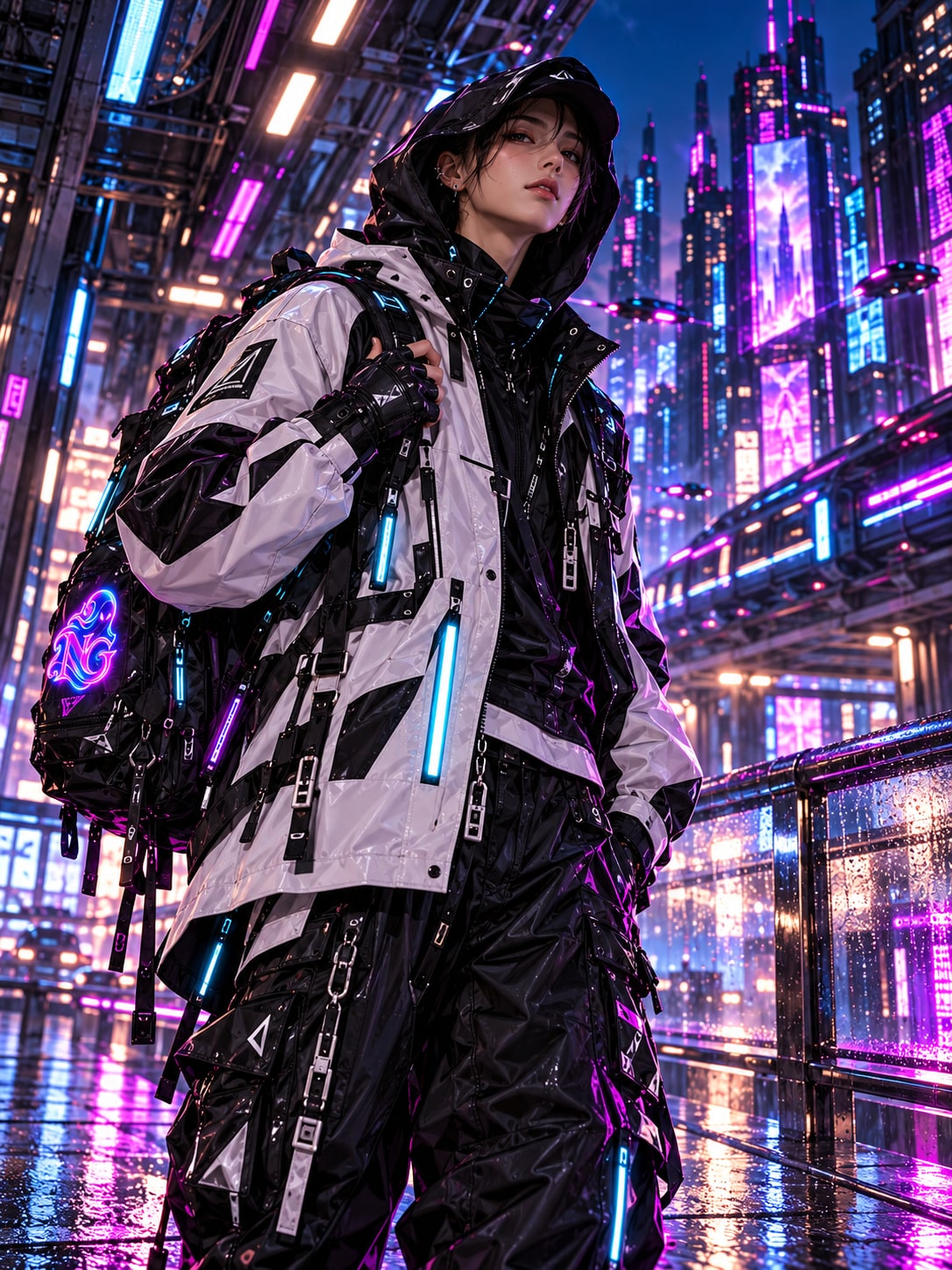 Echo, a short dark-haired rider under a black hood in a white and black technical jacket with cyan accents.