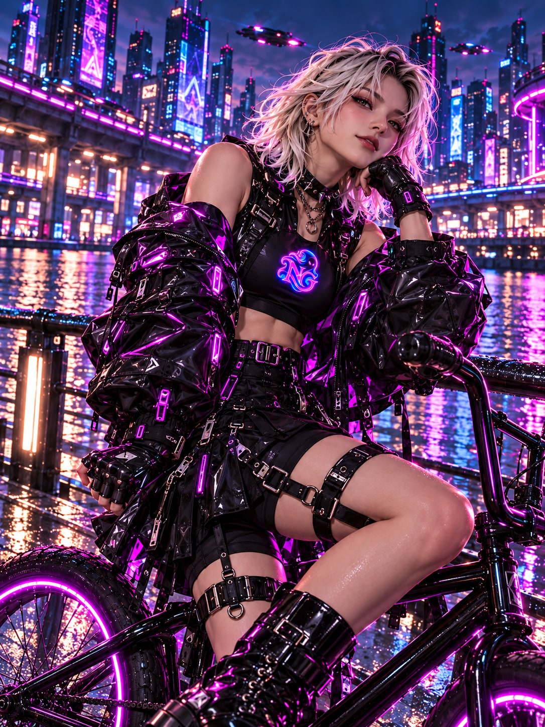 Lux, a platinum-haired rider in a black cropped jacket, utility skirt and tall boots with a magenta-lit BMX.