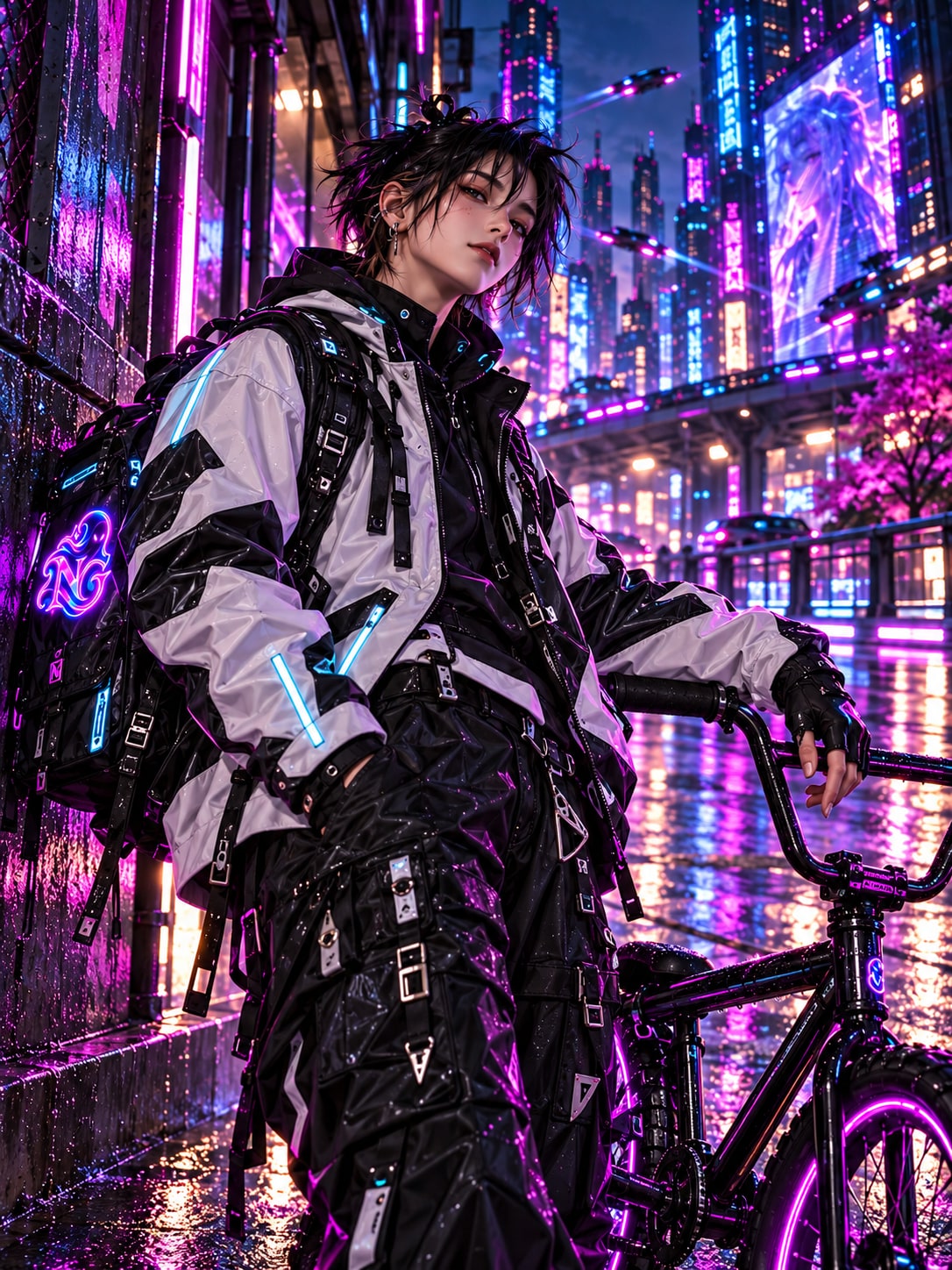 Mika, a short messy black-haired rider in a white-sleeved black technical jacket and utility cargos beside a BMX.