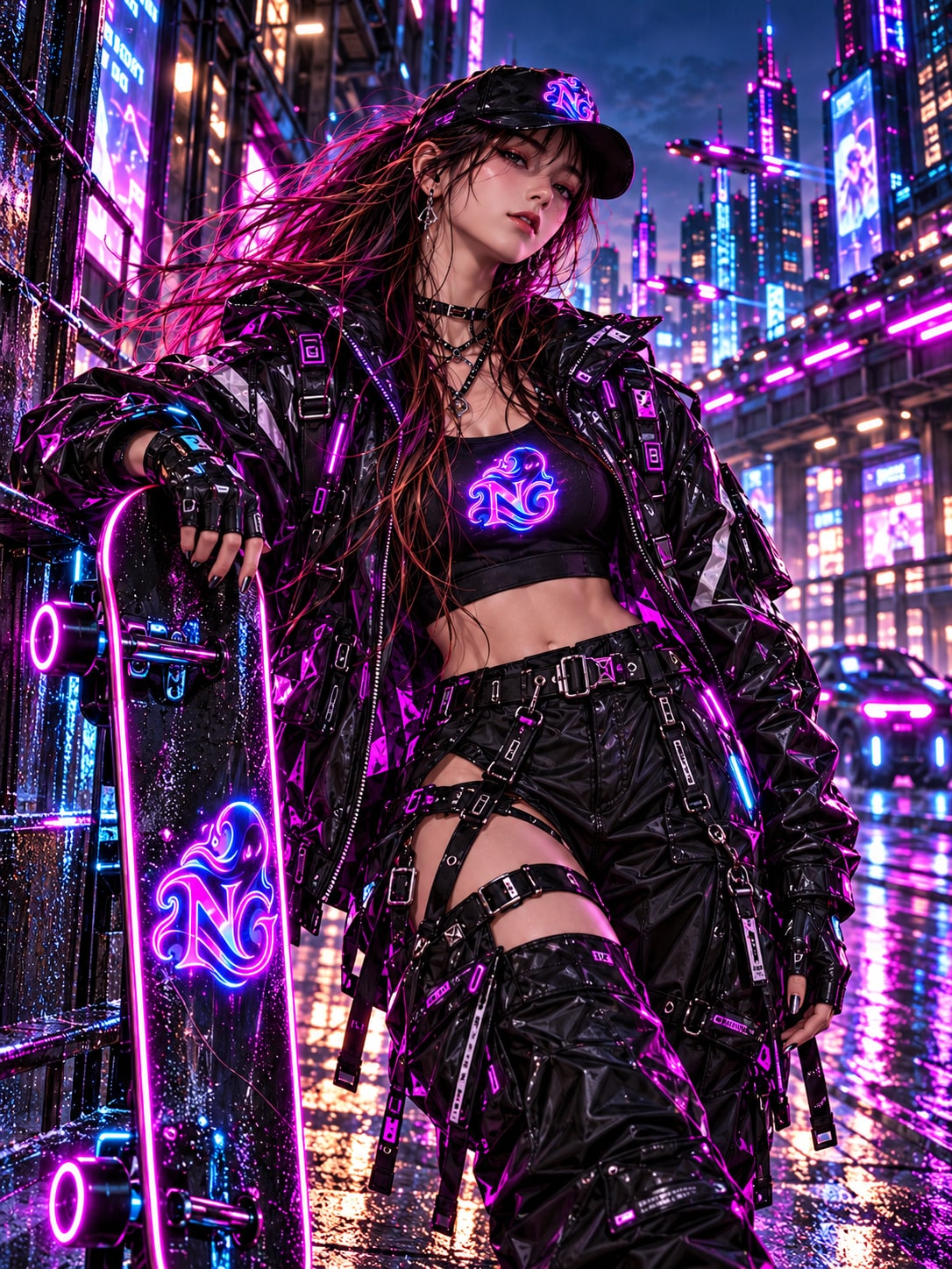Nova, the auburn-haired rider in a ghost-emblem cap, cropped top and glossy black technical jacket beside a neon longboard.
