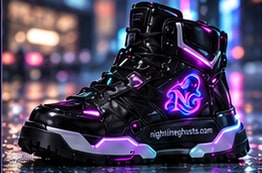 A glossy black high-top street boot with cyan and magenta lighting and a ghost emblem.