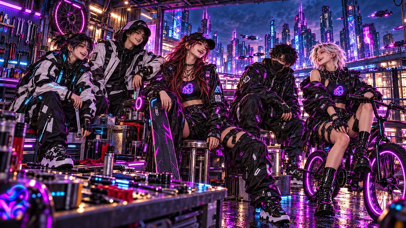 The five Nightlineghosts riders share a relaxed moment with their bikes and longboard in a rooftop repair garage overlooking the neon city.