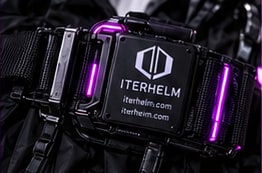 A black modular utility belt with an Iterhelm buckle and magenta lights.
